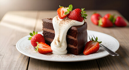 Indulgent chocolate cake with creamy topping and fresh strawberries on wooden surface