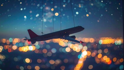 Naklejka premium Airplane toys model suspended against a night city lights bokeh background, featuring a red tail and illuminated cabin windows in a dreamy, moody atmosphere.