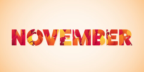 Bold Retro Style November Typography or Banner Design with Month Name in Fallen Leaves Patterned Capital Letters. Colors: Red, Orange, Brown - Creative Vector Text, Graphic Design, Clip-Art
