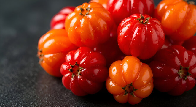 Bright and Colorful Surinam Cherries Displayed on a Dark Textured Surface