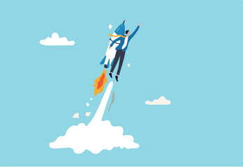 Business takeoff, start new job or boost growing speed to success, ambition, leadership or innovation for advantage concept, businessman with rocket booster takeoff fast flying to new challenge