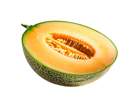 A halved cantaloupe, showcasing vibrant orange flesh, numerous seeds, and a pale green rind with subtle netting.  The lighting highlights its juicy texture