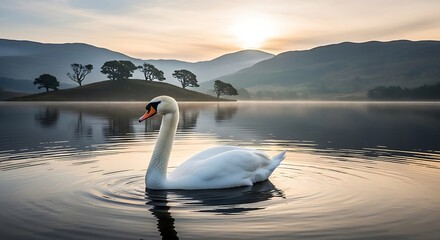 Fototapeta premium Elegant swan gliding gracefully on a tranquil lake during golden sunrise