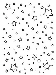 Minimilist a simple black and white pattern featuring various sized stars and small circles scattered randomly around the page vector