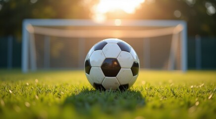 Obraz premium Soccer ball sitting on the grass in front of a goal