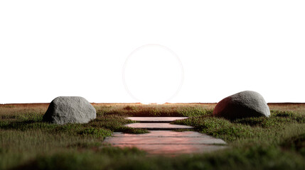 Path to Serenity: A stone pathway leads through a field of green grass, framed by two stones under a radiant orb in a serene landscape, symbolizing peace and balance.