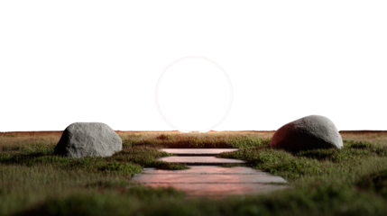 Path to Serenity: A stone pathway leads through a field of green grass, framed by two stones under a radiant orb in a serene landscape, symbolizing peace and balance.