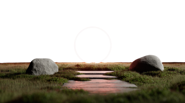 Path to Serenity: A stone pathway leads through a field of green grass, framed by two stones under a radiant orb in a serene landscape, symbolizing peace and balance.