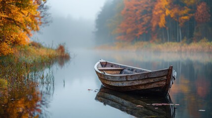 Calm wooden rowboat resting on a misty autumn lake with colorful shoreline and tranquil reflections, ideal for travel agencies nature magazines environmental campaigns