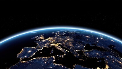 Obraz premium View of europe from space at night, showing city lights illuminating the continent against the darkness of space with the earths atmosphere glowing