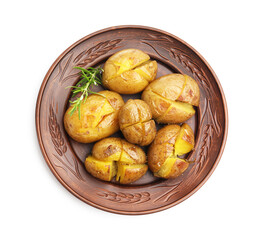 Tasty baked potatoes with ground black pepper and rosemary isolated on white, top view