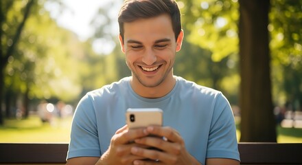 Happy young man using smartphone outdoors, smiling while texting or browsing social media in a park.