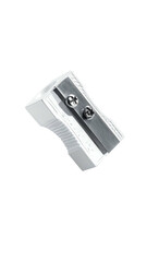 A small, white, rectangular pencil sharpener with a metallic grey blade and two visible screws.  It's compact and designed for easy pencil sharpening