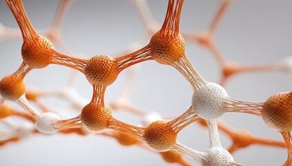 Abstract network of interconnected orange and white spheres