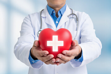Ultra-detailed 8K shot of doctor holding red heart symbol in hands with health insurance cross icon overlay