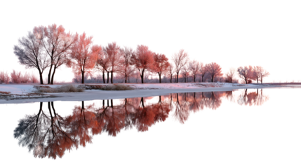 Winter Reflections: A serene winter scene unfolds with a line of trees reflecting on calm water under the soft, diffused light of the sky. A sense of stillness permeates the landscape.