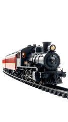 A meticulously detailed model of a vintage steam locomotive and passenger cars, positioned on tracks against a black backdrop, showcasing its intricate design and nostalgic appeal