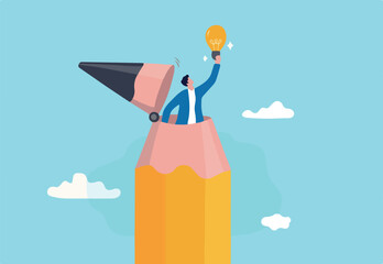 Creative idea, inspiration or imagination to think about new idea, creativity, knowledge learning or writing content concept, young creative man open pencil top discover new lightbulb idea