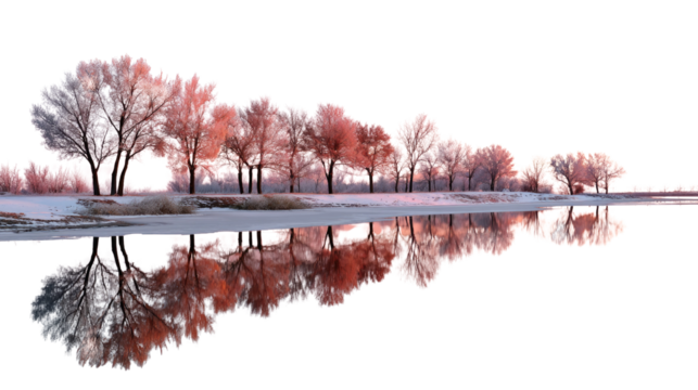 Winter Reflections: A serene winter scene unfolds with a line of trees reflecting on calm water under the soft, diffused light of the sky. A sense of stillness permeates the landscape.