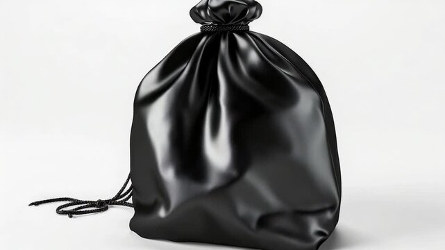 A close-up of a black drawstring bag sitting on a plain white background