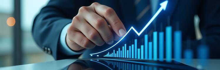 businessman hand sharp focus draws bright blue arrow crisp white touchscreen surrounded