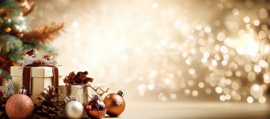 Christmas gift boxes and tree with lights on background. Banner.