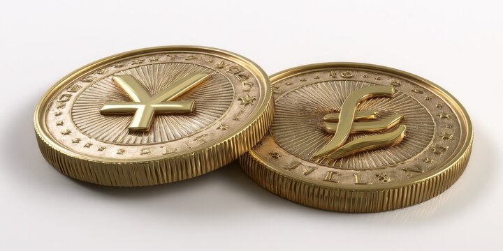 Two golden coins, one with a ? symbol and the other with a ? symbol, sit angled on a plain white surface.  The coins' designs include raised symbols and detailed ribbing