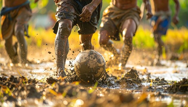 Mud-covered soccer ball with several young shirtless men playing soccer on a muddy field, motion shot with visible soil particles flying around, sport and childhood concept.