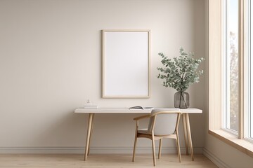 Minimalist workspace with blank poster.  Light beige walls, light wood desk, and chair.  Plant in vase by window