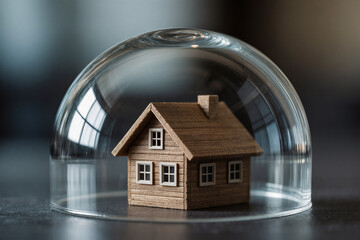 8K cinematic photo of small wooden house model under glass dome symbolizing home insurance