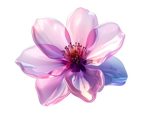 Glassy, translucent pink flower with a dark red center, reflecting light; five glossy petals, digitally rendered