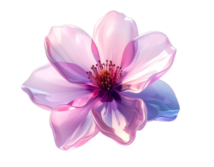 Glassy, translucent pink flower with a dark red center, reflecting light; five glossy petals, digitally rendered