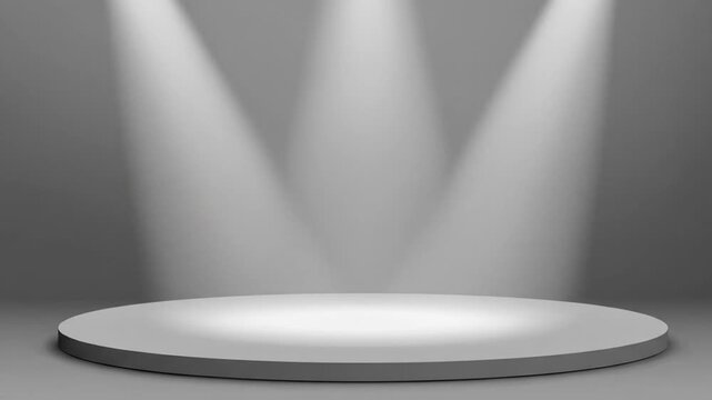 Gray background with a round platform, illuminated by three spotlights above it
