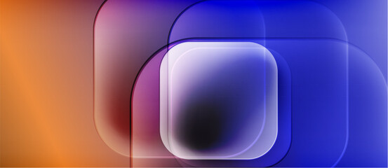 Abstract composition. Overlapping rounded squares blend orange, purple, blue hues. Soft gradients create blurred visual effect. Modern design.