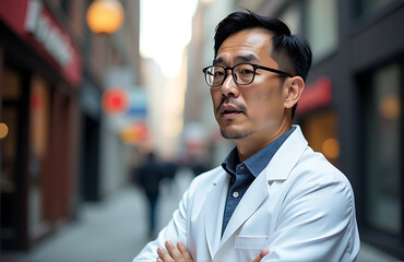 bespectacled japanese man crisp white coat stands confidently speaking emphasis soft focus studio lighting