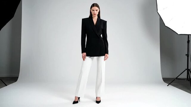A woman poses in a black blazer and white pants in a studio setting with lighting equipment visible