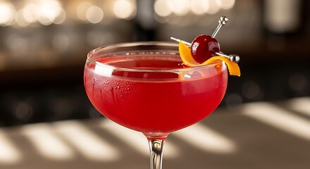 Exquisite red cocktail with cherry and orange peel garnish on bar top