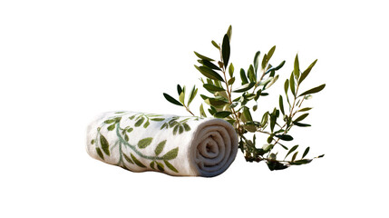 Rolled Towel with Olive Branch: A tranquil shot of a rolled up towel decorated with plant patterns next to a fresh olive branch. A minimalist approach with neutral hues creates a relaxing ambiance