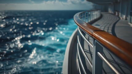 Obraz premium A close-up view of a cruise ship's railing with the ocean sparkling under sunlight in the background.