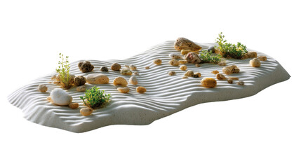 Zen Garden Serenity: A minimalist Zen garden is depicted with carefully arranged pebbles, sand ripples, and verdant accents. it embodies tranquility and balance.