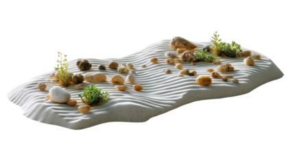 Zen Garden Serenity: A minimalist Zen garden is depicted with carefully arranged pebbles, sand ripples, and verdant accents. it embodies tranquility and balance.