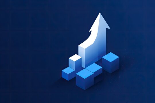 White upward arrow rising from a series of blue cubes.  Abstract graphic representing growth and progress
