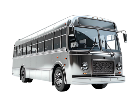 Sleek, chrome-plated vintage bus, long body, large windows, detailed grill, angled view, clean lines, reflective surface