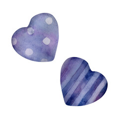 Pair of decorative hearts with polka dot and stripe pattern in blue and violet. Single object isolated illustration hand drawn in watercolor. Valentine romantic design, sewing crafts, rustic decor.