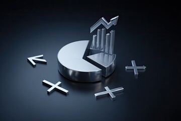 A 3D metallic pie chart with a growing bar graph, surrounded by mathematical symbols, on a dark background