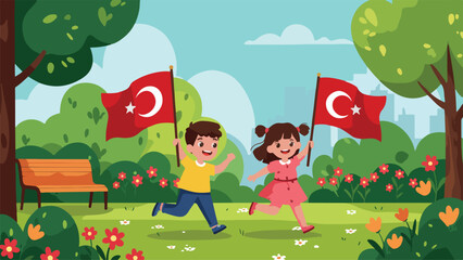 Obraz premium Happy Turkish Children Running with Flags in Green Park Illustration