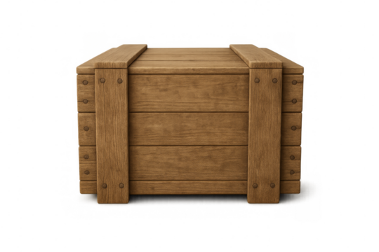 Closed wooden crate on transparent background, shipping and storage concept