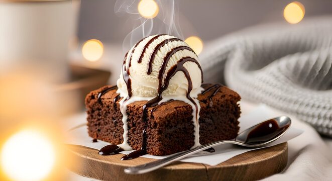 Decadent chocolate brownie topped with vanilla ice cream and chocolate sauce delight