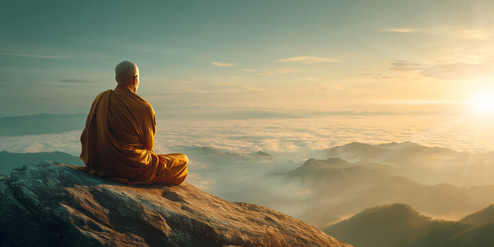 Back view, a bald Buddhist monk in an orange robe meditates on a mountain rock, facing a sea of clouds at sunrise. A surreal, ultra-realistic scene of mindfulness, calm, and inner peace. Generative Ai
