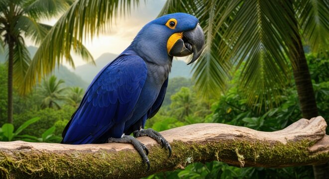 A Majestic Blue Hyacinth Macaw Perched on a Branch in a Lush Tropical Rainforest.